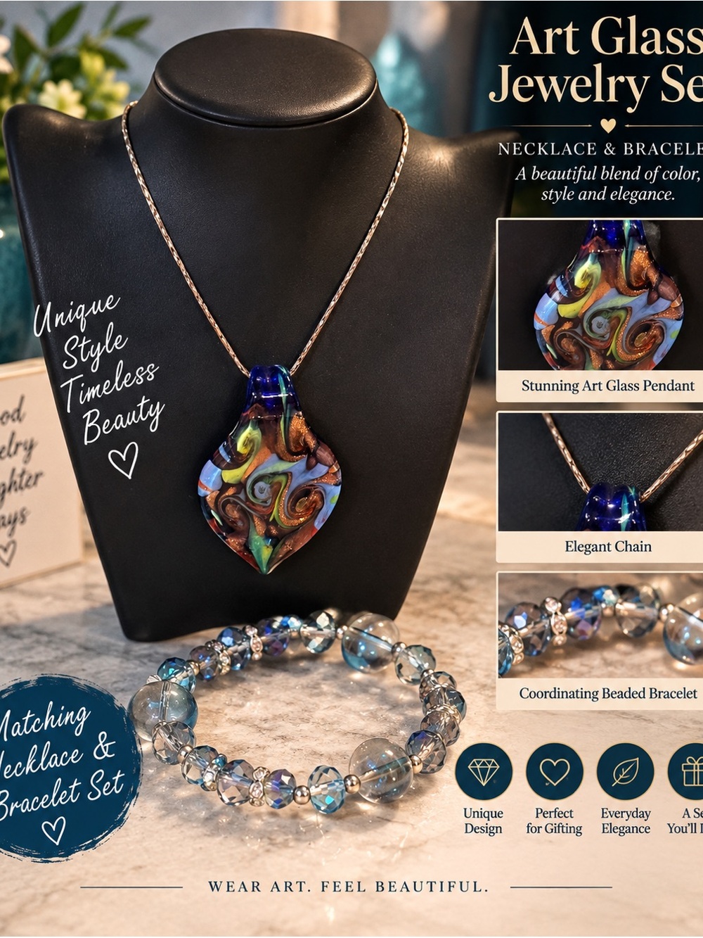 Multicolor Art Glass Pendant Necklace & Bracelet Set NEW IN BOX